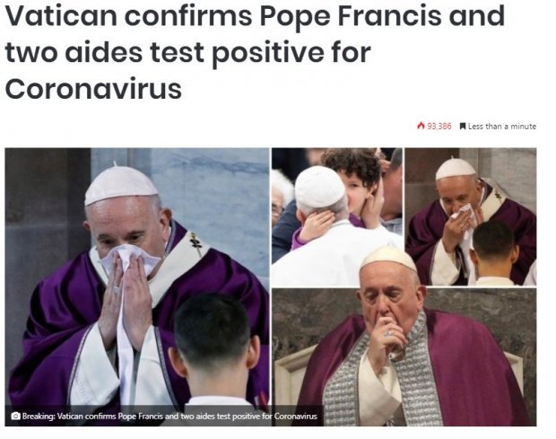 Фейк про зараження коронавірусом Папою Франциском / Скріншот