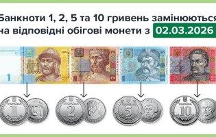 Віднині паперові 1, 2, 5 та 10 гривень виходять з обігу